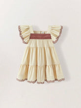 Young Girls' Square Neck Brown Lace Trim Embroidered Sleeve & Hem Beige A-Line Dresses